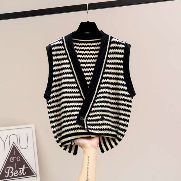 

striped knitted cardigan vest women's autumn winter v-neck loose large top, White