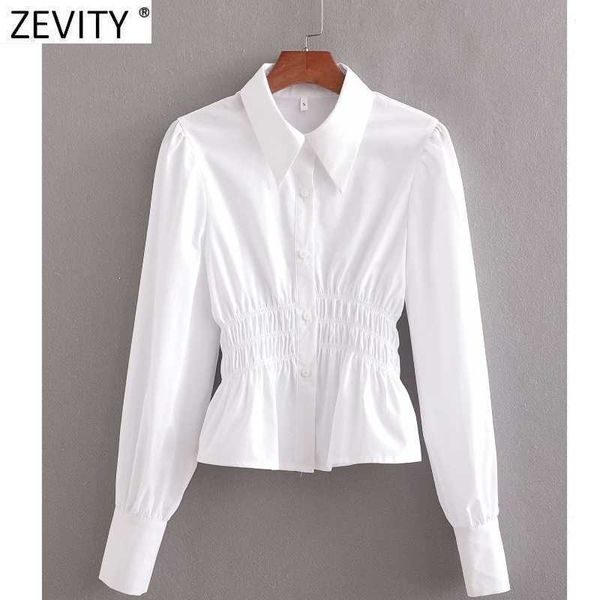 

zevity women fashion elastic waist ruffles short smock blouse female puff sleeve chic shirts business femininas ls9013 210603, White