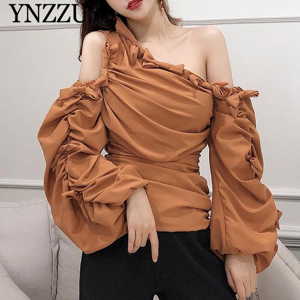 

women's blouses & shirts fashion women off shoulder blouse 2021 spring summer bow puff sleeve female pleated vintage loose elegant ynz, White