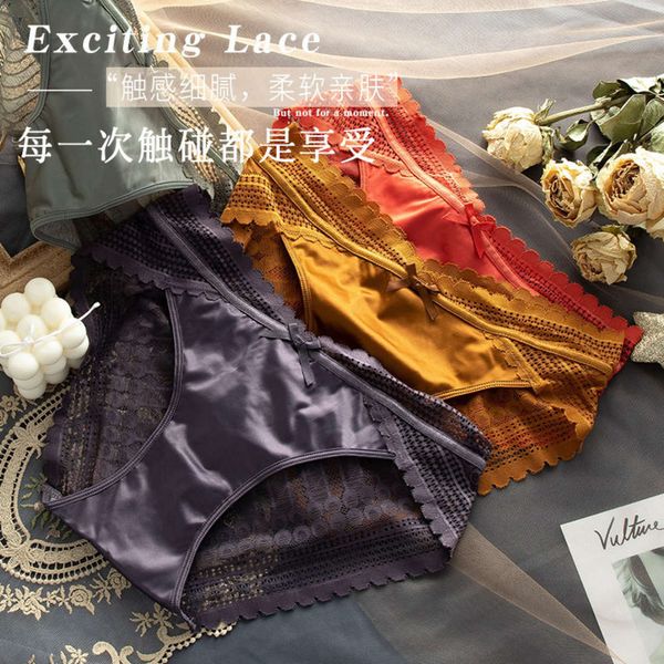 

high end satin lace underwear mid waist antibacterial cotton crotch translucent women's briefs, Black;white