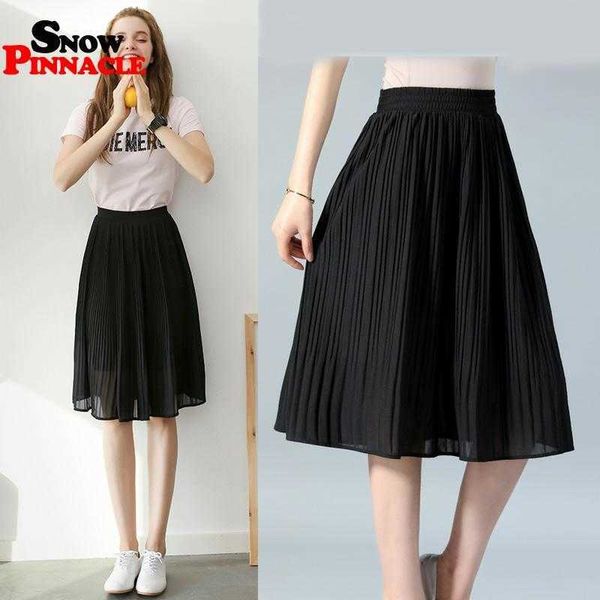 

women pleasted skirt casual summer thin solid pleated chiffon s s saias midi faldas vintage 210524, Black