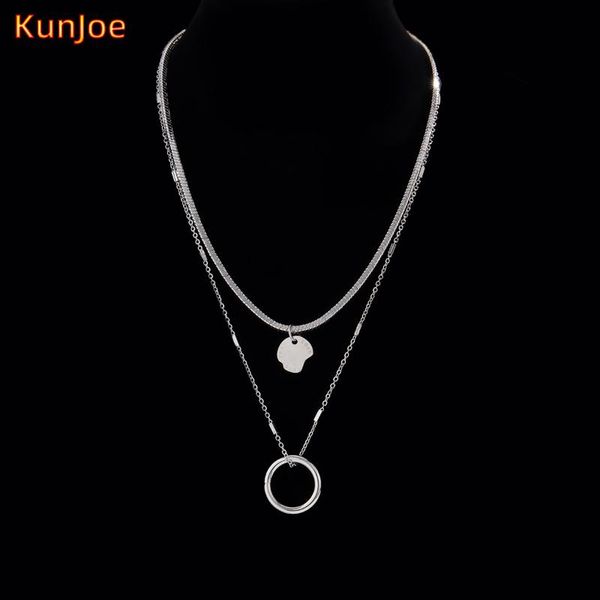 

pendant necklaces kunjoe 2021 multi layered stainless steel necklace round circle pendnat for women snake chain hip hop jewelry wholesale, Silver