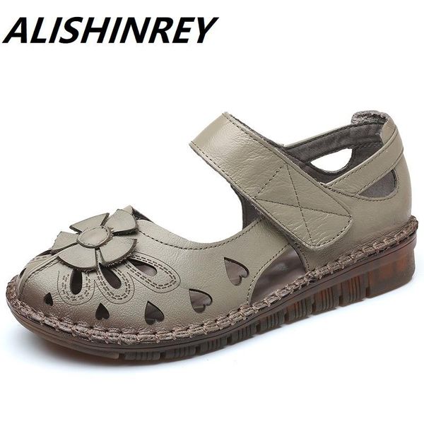 

alishinrey genuine leather sandals women summer shoes flowers flat low heel comfortable hollow cover toe shoes woman sandals, Black