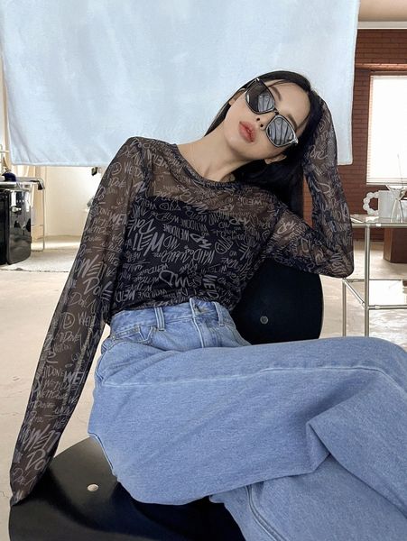 

dazy letter graphic crew neck mesh w49k#, White