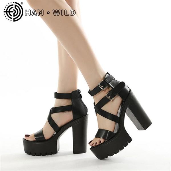 

sandals 2021 spring summer casual high heels shoes women platform open toe ladies pumps fashion buckle gladiator, Black