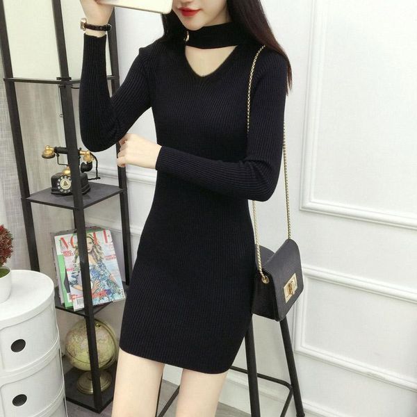 

casual dresses aecu women clothes autumn long sleeve bodycon dress fall winter slimming solid color elegant temperament quality, Black;gray
