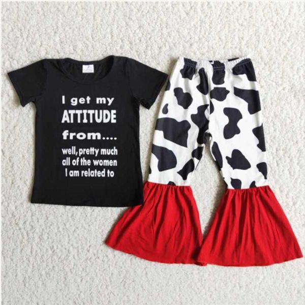 

baby girl letter short sleeve fashion cow pattern flare pants basic design summer spring children's boutique wholesale c clothing sets, White