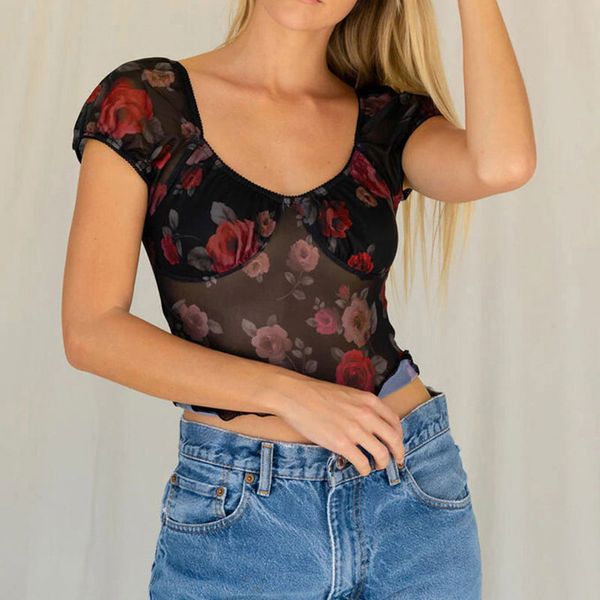

vintage floral print t shirt goth aesthetic v neck mesh short sleeve t-shirts women elegant basic cropped, White