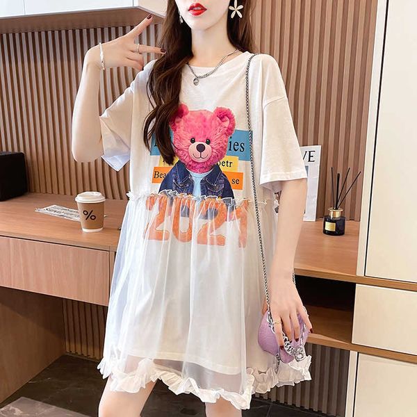 

summer 2021 lace stitching short sleeve t-shirt girl student fake two drs loose and sweet style skirt, Black