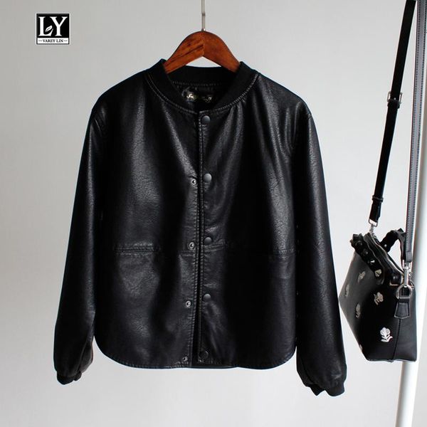 

women's leather & faux ly varey lin spring autumn pu jacket soft coat loose single breasted black motorcycle female short