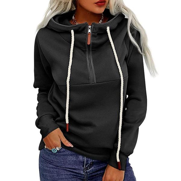 

women's hoodies & sweatshirts vintage casual zip-up sweatshirt drawstring winter autumn pullover solid color black streetwear sudaderas
