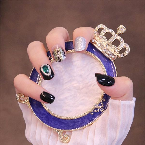 

false nails 24 pcs set luxury 3d green rhinestone goldfoil multicolored black glitter ombre fake with designs sxy-46, Red;gold