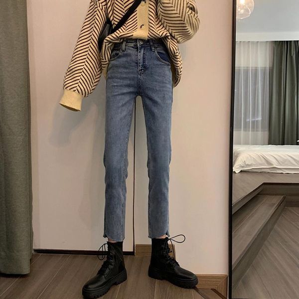 

women's jeans 2021 the show thin pants fall of tall waist straight canister nine points loose women smoke tube feet, Blue