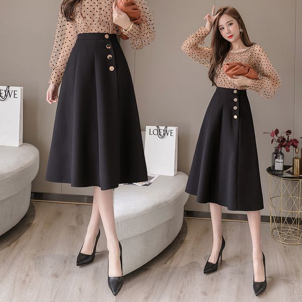 

women 2021 autumn winter new fashion chic mid-calf high waist a-line ladies solid all-match female casual skirt a258yvkh, Black