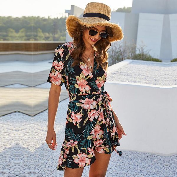 

casual dresses fashion elegant ladies summer floral print short dress women 2021 v-neck wrapped lace up mini, Black;gray