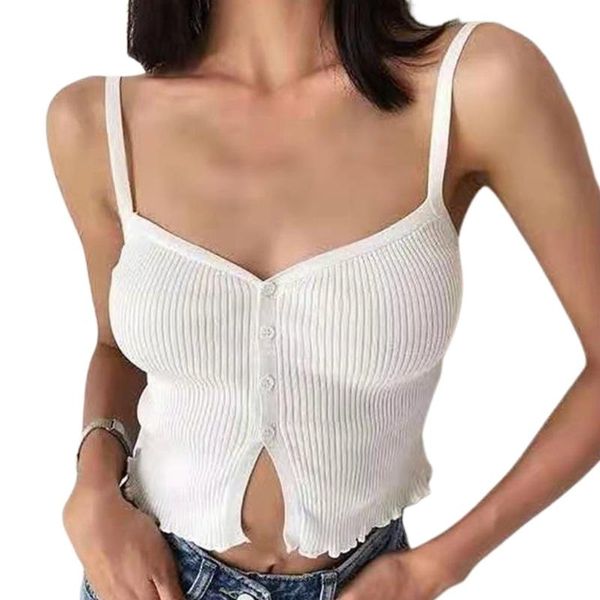 

women's tanks & camis women deep v-neck ribbed knit camisole button down split front ruffles hem tank spaghetti strap cropped vest, White