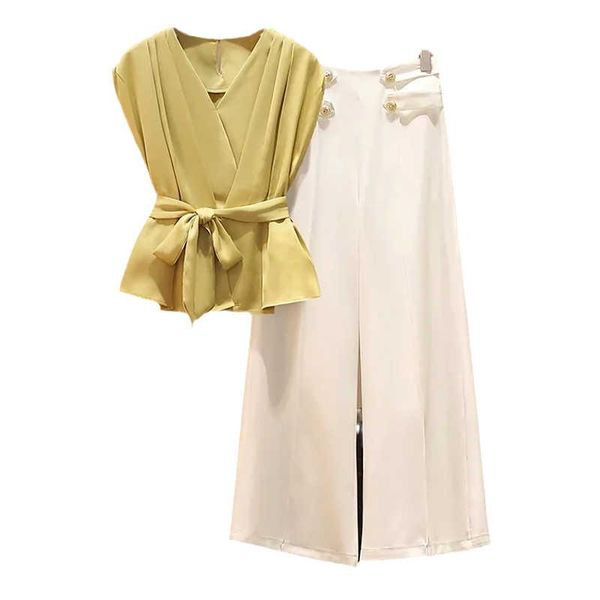 

women's two piece pants fashion trouser suit plus size 2021 summer high waist wide-leg straps casual two-piece, White