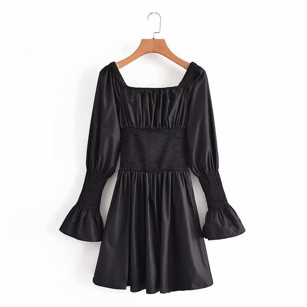 

casual dresses puwd sweet women square collar a-line dress 2021 summer fashion ladies college style female solid color mini, Black;gray