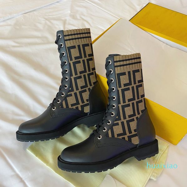 

2021 knitted sock-style flats ankle boots rockoko logo-jacquard stretch-knit and leather combat booties for women luxury designer 625, Black