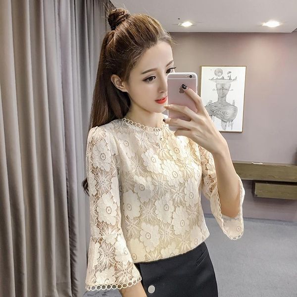 

3/4 sleeve round neck hollow lace shirt female flower pattern flared sleeves slim bottoming blouse pullover women spring autumn, White