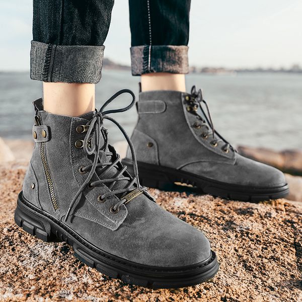 

british high-boots zipper buttons martin shoes outdoor mens sports shoes lightweight and comfortable lace-up casual shoes, Black;white
