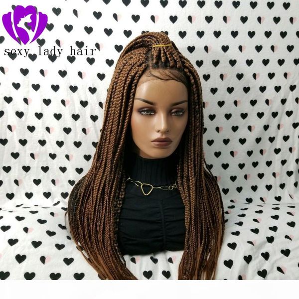 

elling africa women style medium brown color braids lace front wig synthetic hair box braid wig crochet braids wig natural hairline, Black