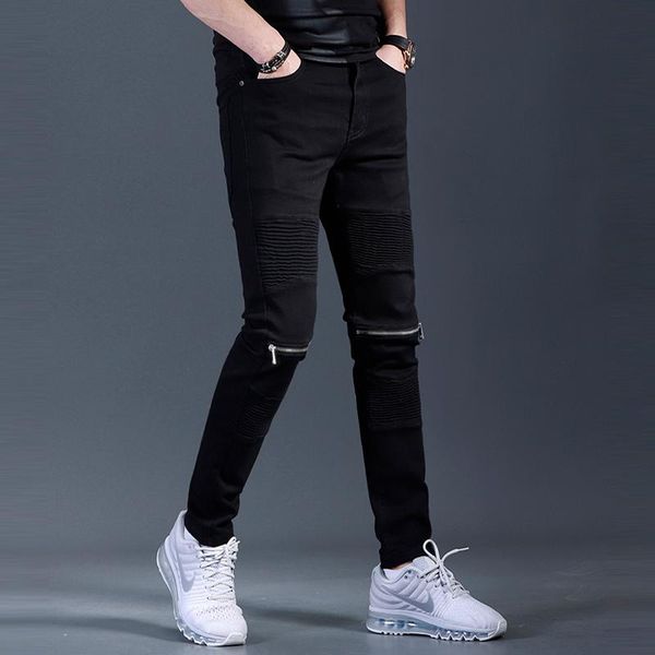 

2021 new black jeans men streetwear zippers patchwork slim fit denim pants, Blue