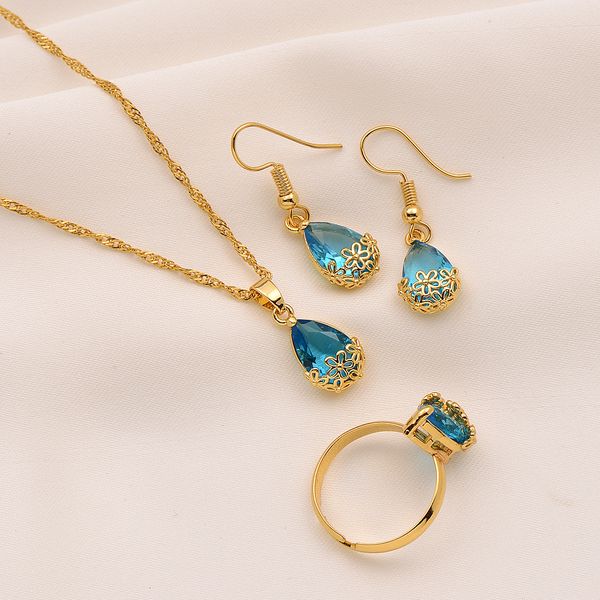 

24k fine gold filled pendant earrings ring chain water drop sapphire crystal rectangle gem with channel bridal jewellery, Silver