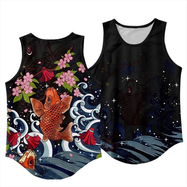 

men tank beach wear vest gym bodybuilding fitness stringer undershirt black floral carp print, White;black