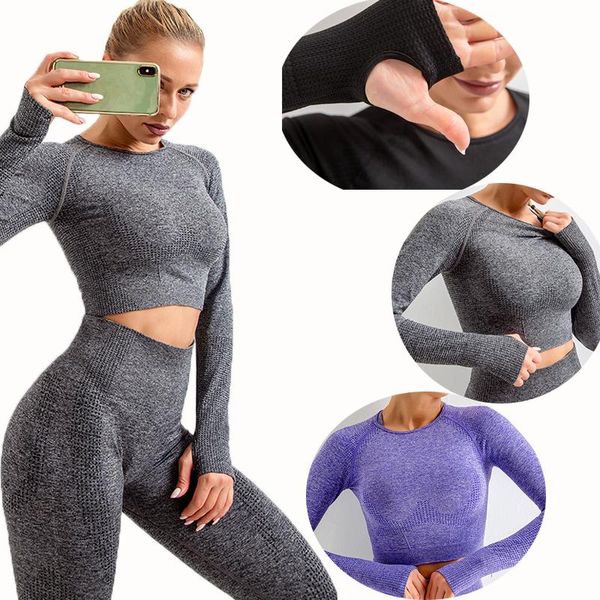 

2021 women long sleeve running shirts exposed navel yoga t-shirts solid sports shirts quick dry fitness gym crop, White;red