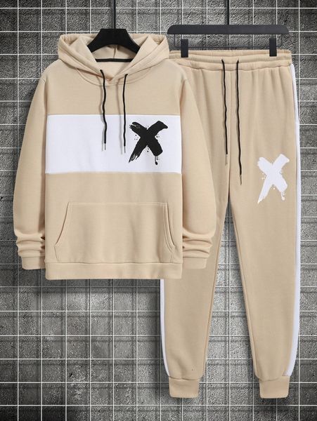 

men colorblock brush print hoodie with joggers u6ze#, Gray