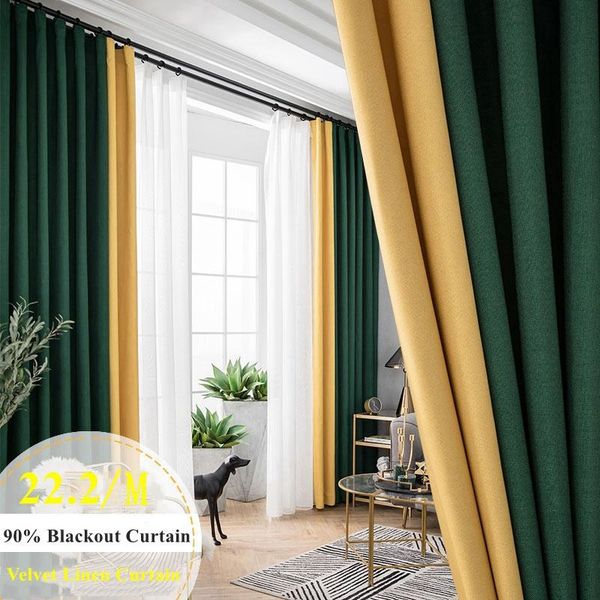 

curtain & drapes nordic modern solid color spliced blackout cloth for living room bedroom green grey yellow velvet linen window