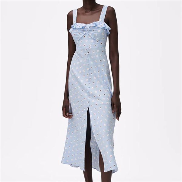 

za summer flowers print women dresses split long sleeveless backless temperament ly9469, Black;gray