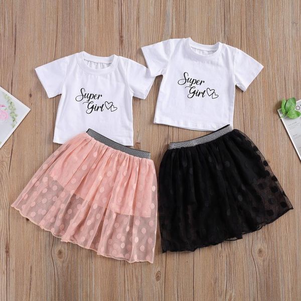 

1- 5y baby girls casual two-piece clothes set white letters printed pattern short sleeve + red/ black skirt clothing sets