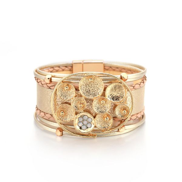 

exaggerated creative fashion bracelet blooming series national style inlaid crystal magnetic buckle leather bracelet, Black