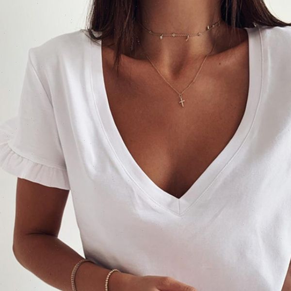 

casual v neck ruffle women t shirts summer simple solid color mmid length female short ssleeve ladies s xxl, White