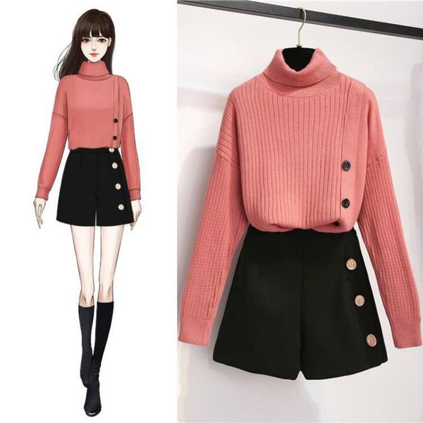 

2021 women autumn winter slim 2 piece set female turtleneck sweater + button high waist shorts set lady casual vintage suit i191, White