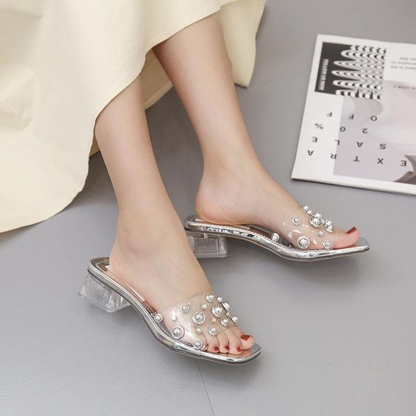 

rivet shoes woman 2021 female slippers glitter slides med new jelly summer fabric rome basic rubber hoof heels pu slippers women, Black