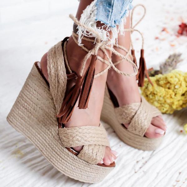 

bohemia style retro sandals women summer beach casual shoes female straw weave sandal buckle high heel platforms rome sandalias, Black