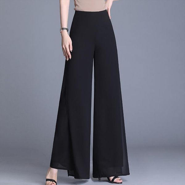 

summer chiffon black high waist women capris wide leg casual long trousers loose side split korean, Black;white
