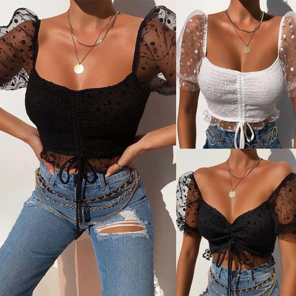 

women's blouses & shirts women fashion solid color blouse square-cut collar slim lace shoulders short sleeves vest up ins style top, White
