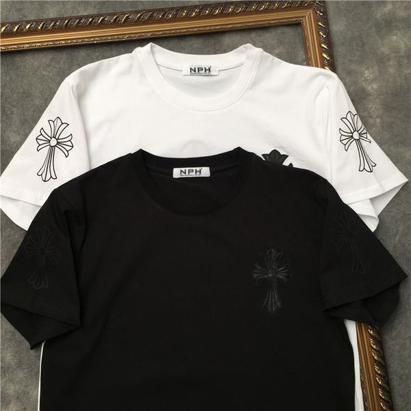 

brand hearts/chrome t shirt cross summer leather trend new overlapping stereo embroidery t-shirt men's and women's cotton short sl, White