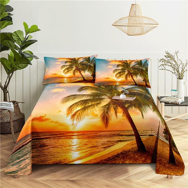 

sheets & sets coconut tree beach bedding sheet home digital printing polyester bed flat with case print