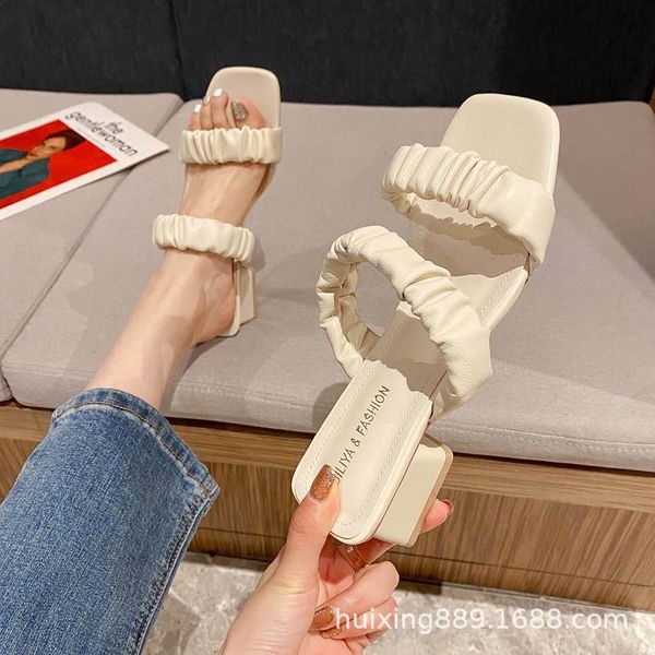 

slippers med casual shoes woman 2021 pantofle loafers square toe luxury block summer rome slides fashion basic fabric hoof h, Black