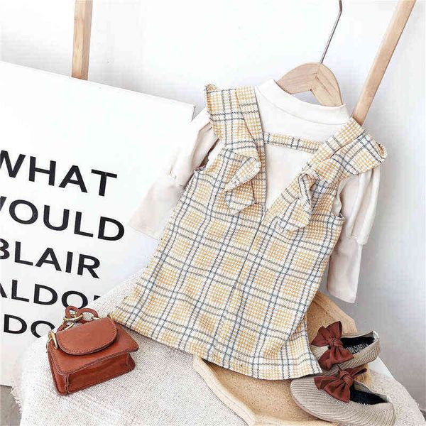 

fall kids clothes fashion toddler girls outfits long sleeve sweatshirt&plaid vest dress cute korean little children clothing set g220310, White