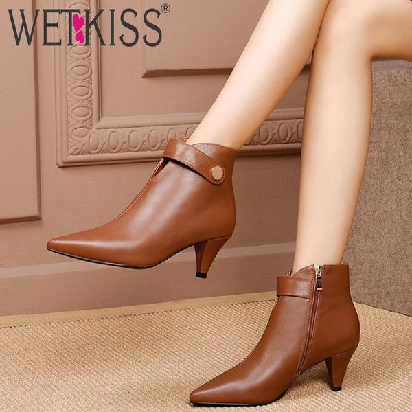 

boots wetkiss spike high heels women ankle pointed toe footwear fashion cow leather female boot office shoes woman winter 2021, Black