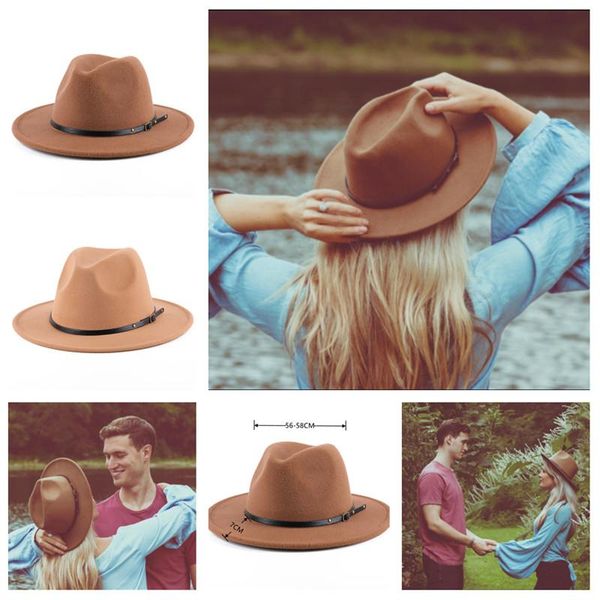 

wide brim hats trend simple women ladies wool felt fedora hat black belt panama casual formal party winter jazz wholesale, Blue;gray