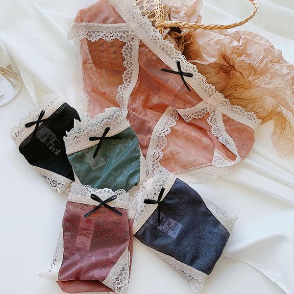 

women's panties 3pcs bow women comfortable underwears middle-waisted underpants female lingerie net yarn perspective ladies briefs, Black;pink