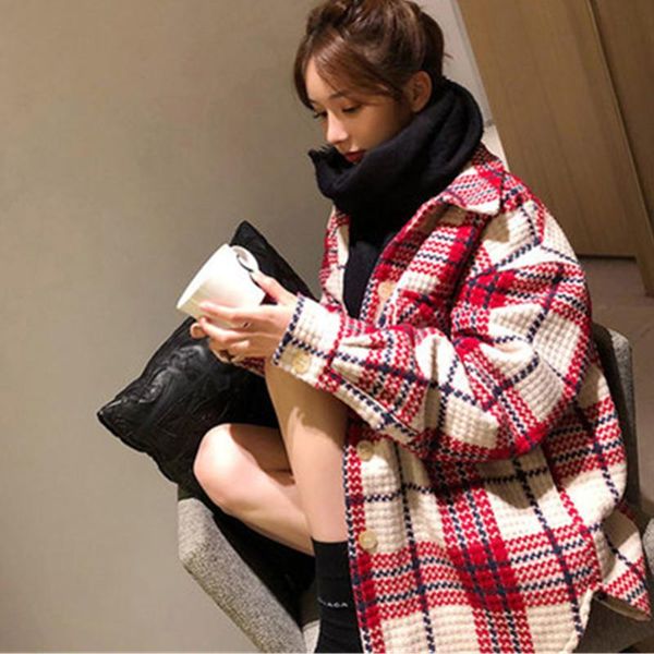 

women's wool & blends woolen coat womens clothing autumn winter korean fashion mid-length all-match loose thicken lattice jacket female, Black