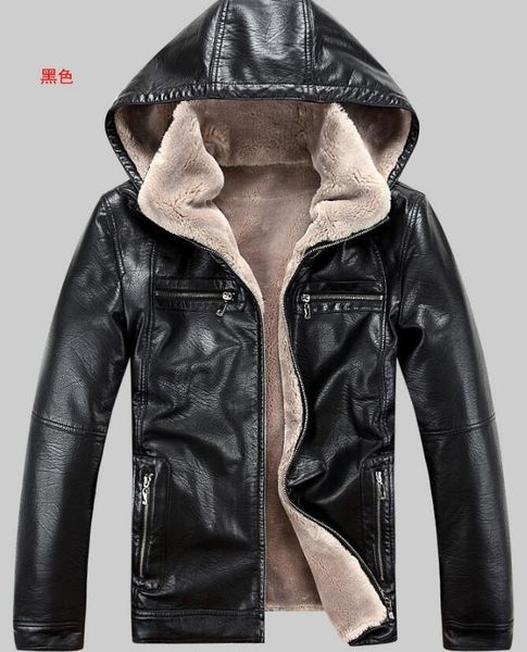 

men's fur & faux s-4xl / winter fashion collar hood thick synthetic pu coat, Black